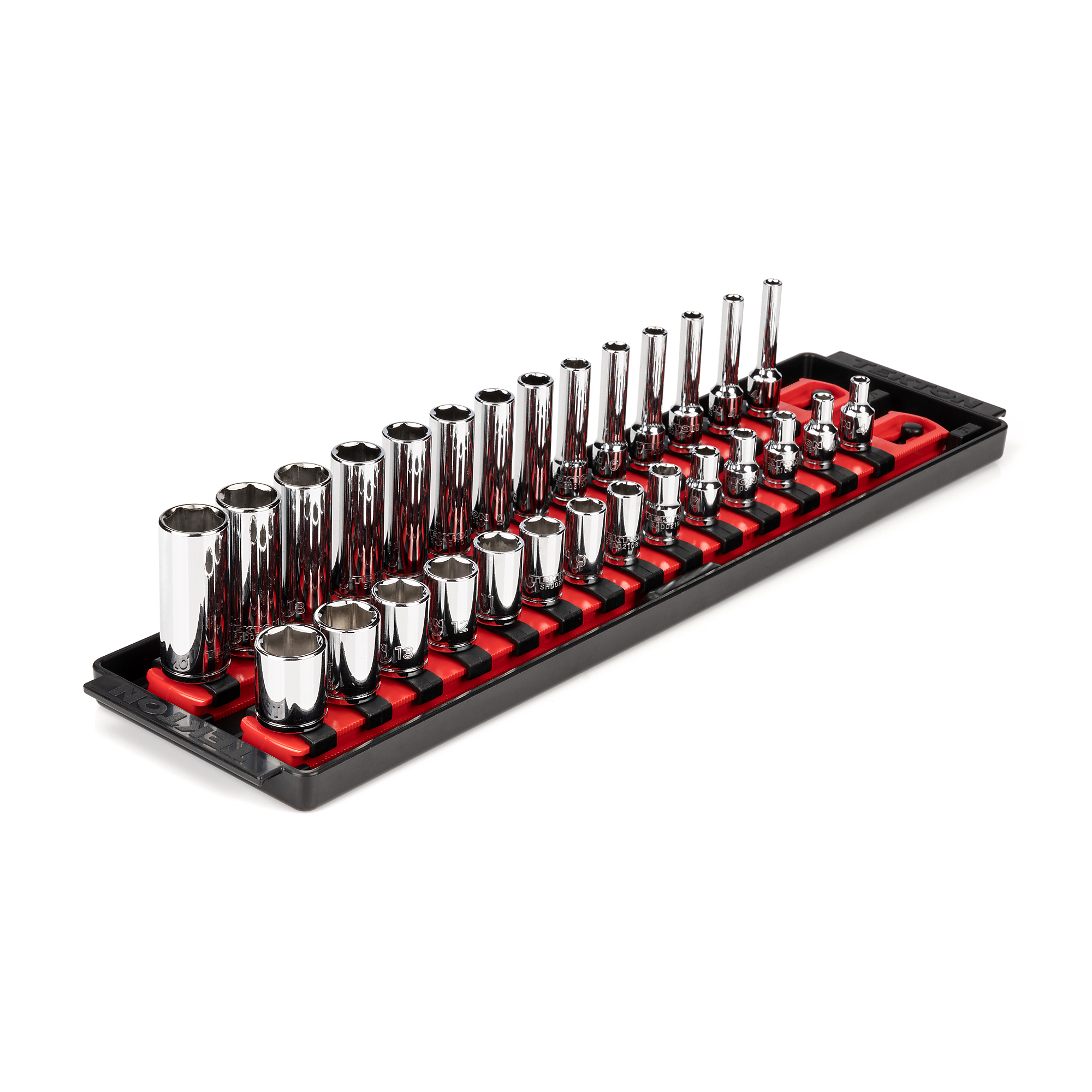 TEKTON 1/4 Inch Drive Shallow and Deep 6-Point Socket Set with Rails and Tray, 28-Piece (4 - 15 mm) | SHD90211